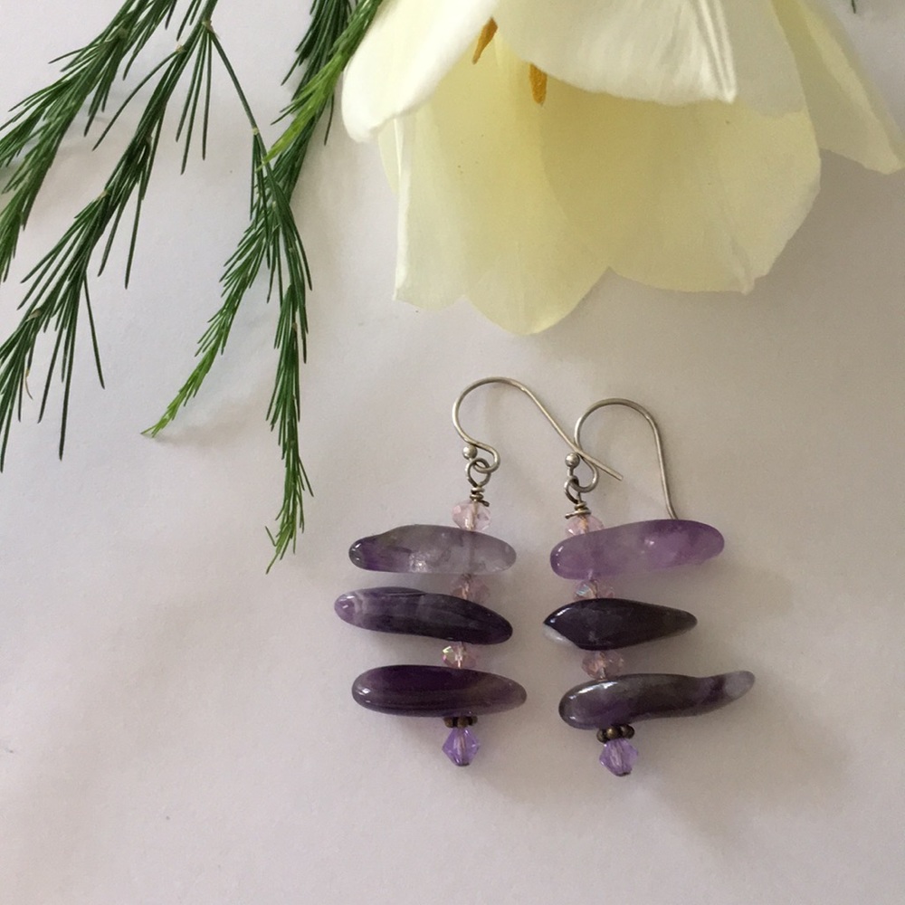 Amethyst,crystals and SS earrings.